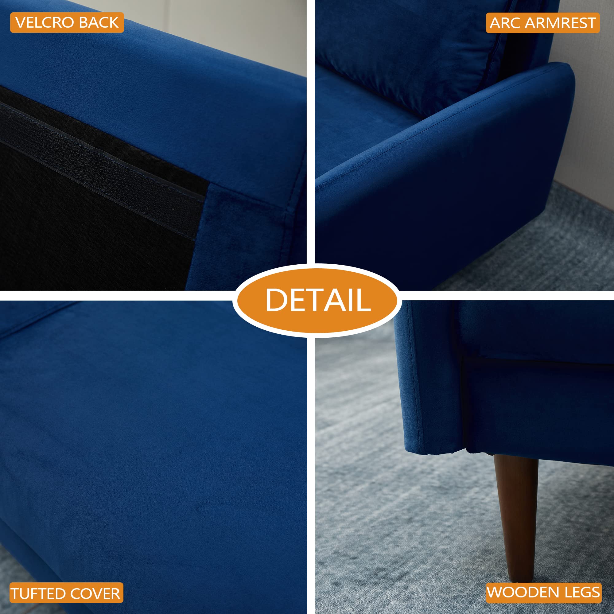 Mid-Century Modern Velvet Sofa with Wooden Legs - Space Blue Upholstered Living Room Couch for Small Spaces, Apartments & Cozy Home Decor