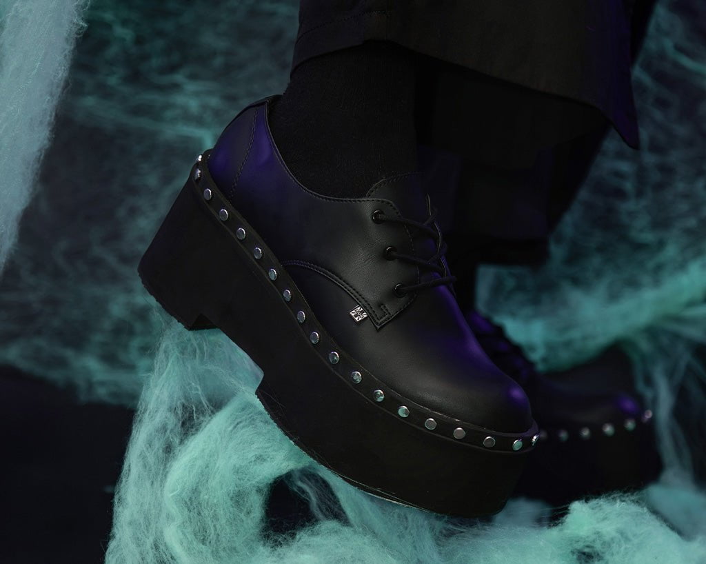 Black TUKskin Dino Flat Platform Shoes - Punk Rock Gothic Boots for Women - Vintage Retro Chunky Heel Booties for Concerts & Night Out