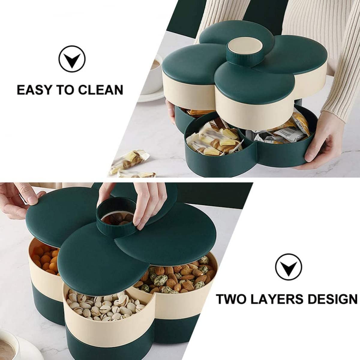 Rotating Double-Layer Plastic Snack Serving Tray with Lid - Divided Candy Nut Dish for Parties, Weddings, Restaurants & Home Use - Perfect for New Year Celebrations, Movie Nights & Family Gatherings