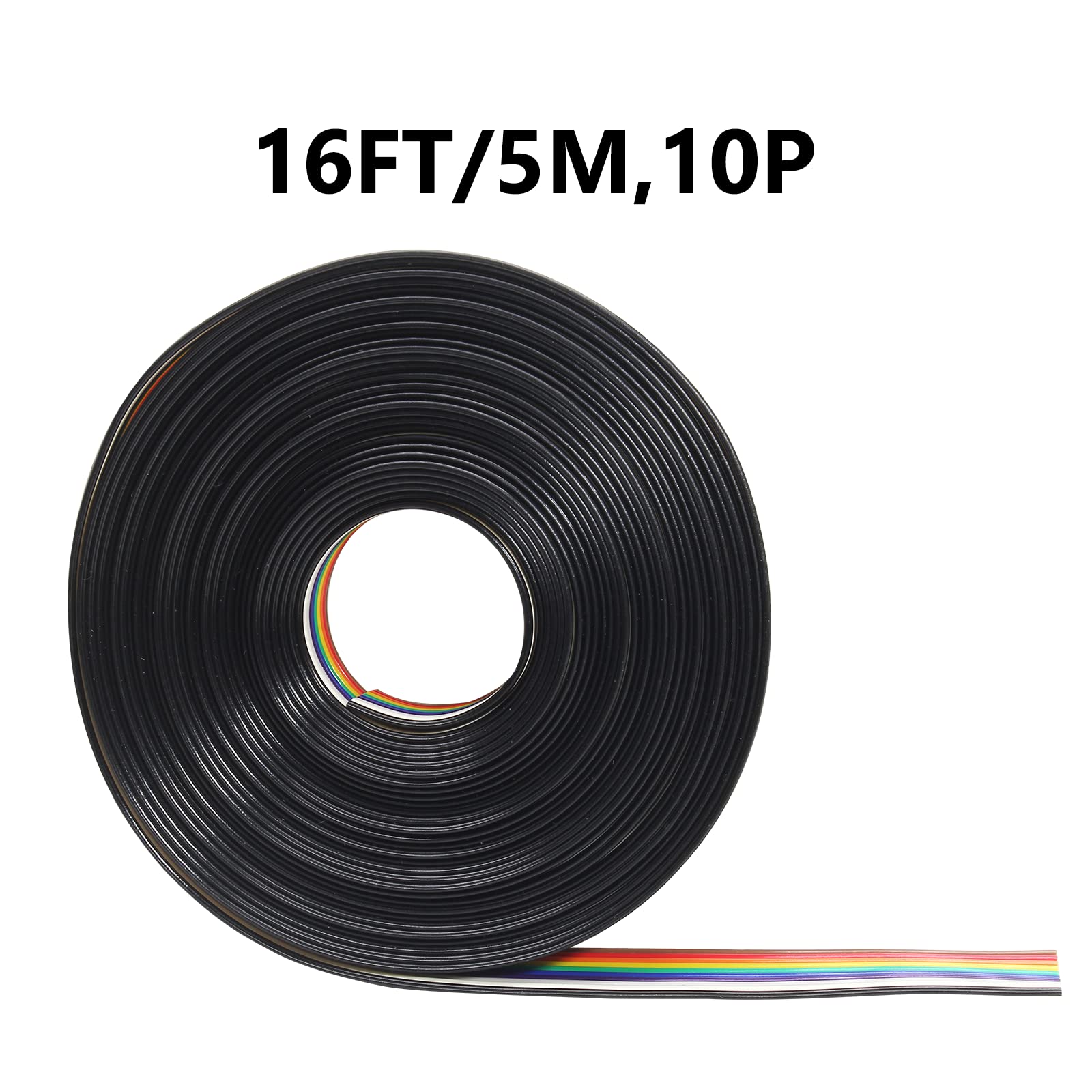 Rainbow Color IDC Ribbon Cable 10-Wire 16ft/5m - 2.54mm Pitch Connectors for Computer Electronics, DIY Projects & Home Appliances Wiring