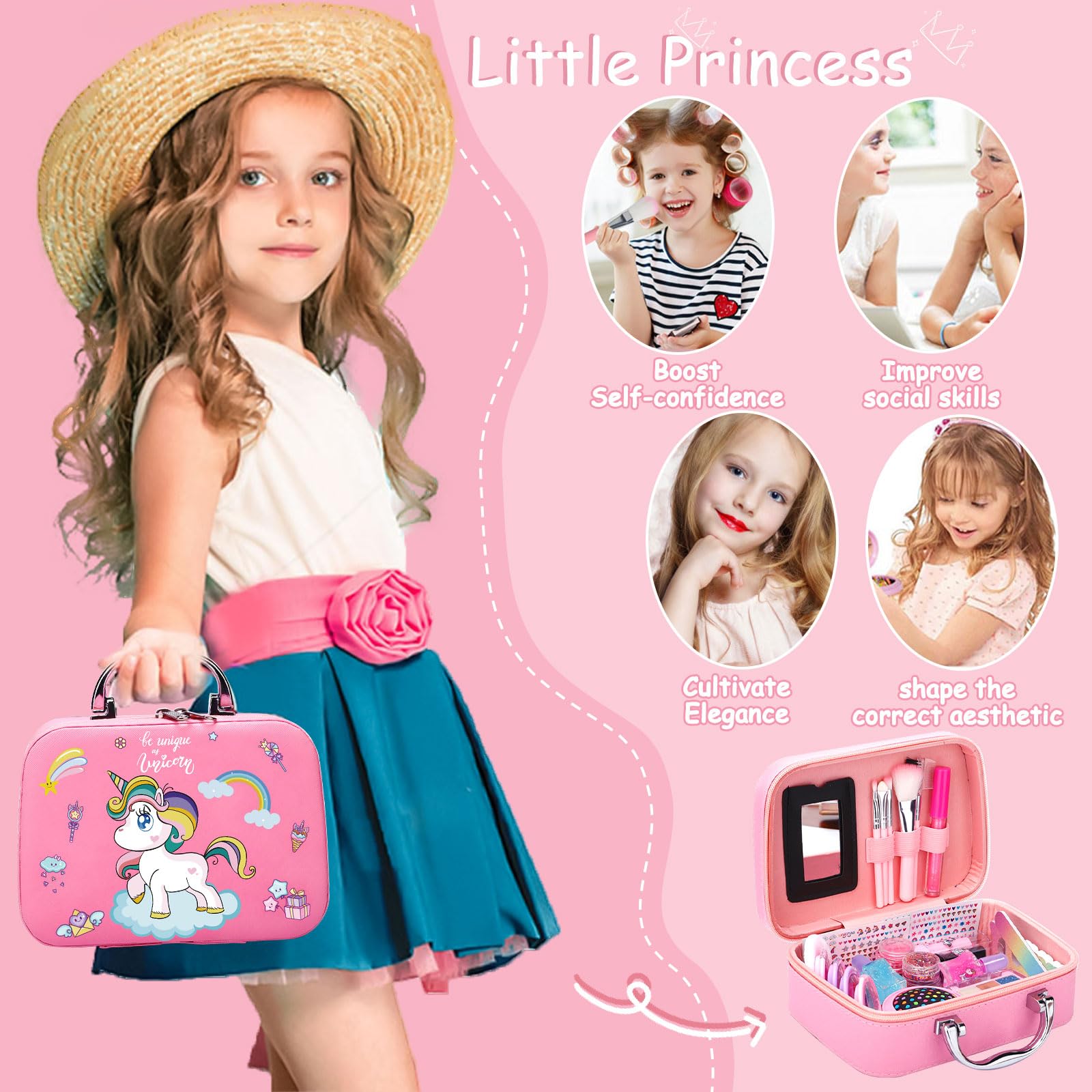 POWLYB 38PCS Kids Makeup Kit - Washable Princess Toy Gift for Girls Birthday 3-10 Years - Perfect for Dress-Up & Playtime
