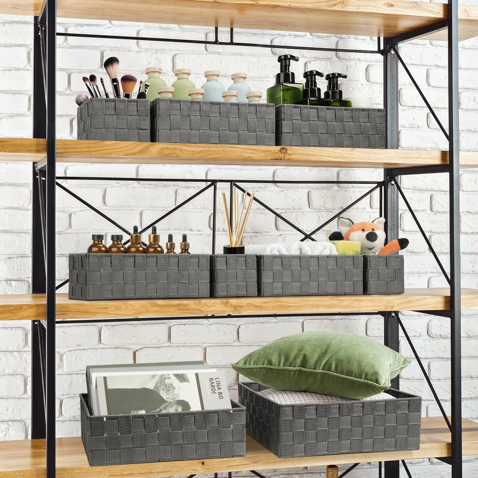 Bellzacasa 9-Piece Woven Storage Baskets Set - Grey Cube Bin Organizer for Drawer, Shelves, Closet & Bathroom | Perfect for Home Organization & Decor