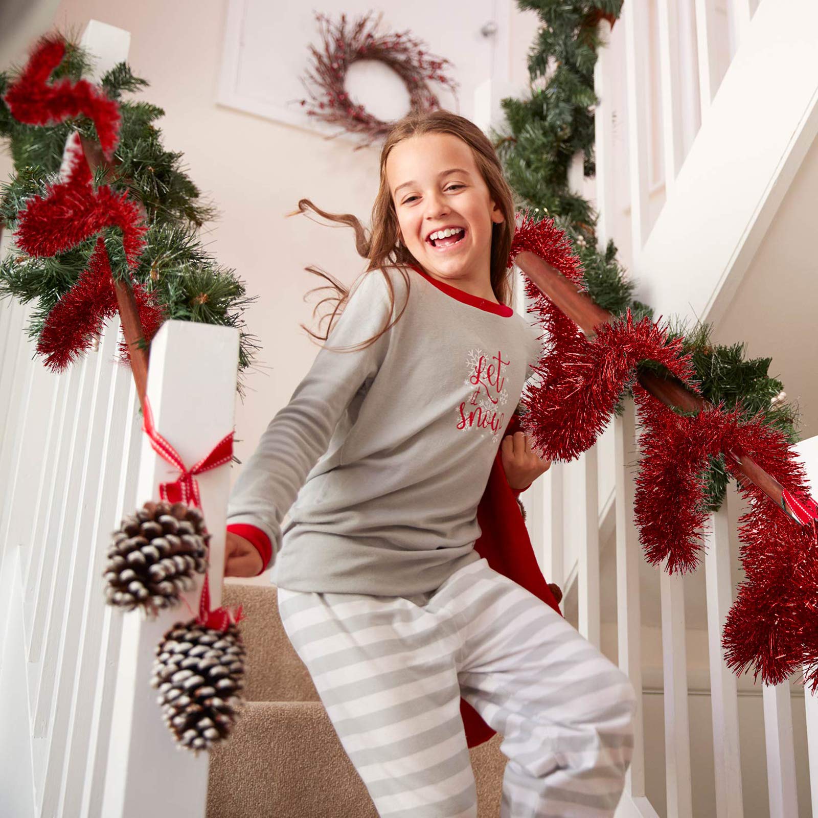 WILLBOND 50 ft Red Metallic Christmas Tinsel Garland - 3 Inch Twist Tinsel for Christmas Tree Decorations, New Year, Wedding, Birthday & Party Supplies | Perfect for Holiday Home Decor, Gift Wrapping, and Festive Party Backdrops