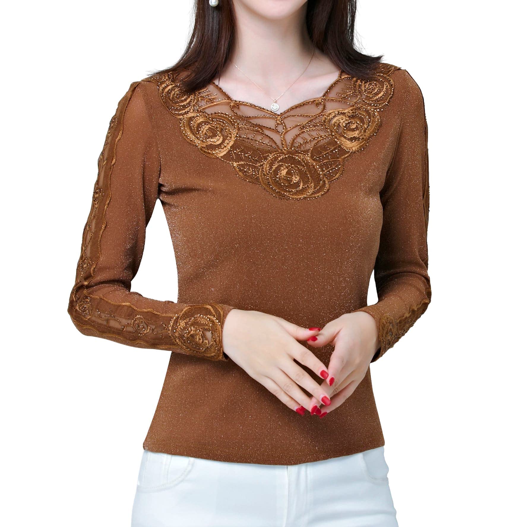 Women's Lace Mesh Long Sleeve Blouse - Sexy Rose Embroidered Stretchy Top for Work & Date Night | Office Shirt, Evening Outfit, Party Wear
