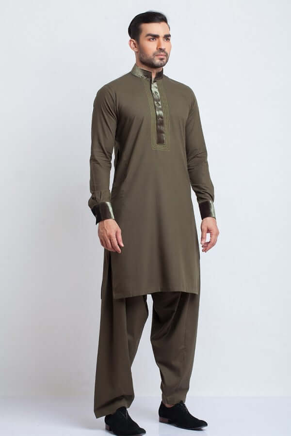 Khaki Green Soft Cotton Shalwar Kameez for Women - Traditional Pakistani Velvet Embroidered Outfit - Perfect for Eid, Weddings & Special Occasions