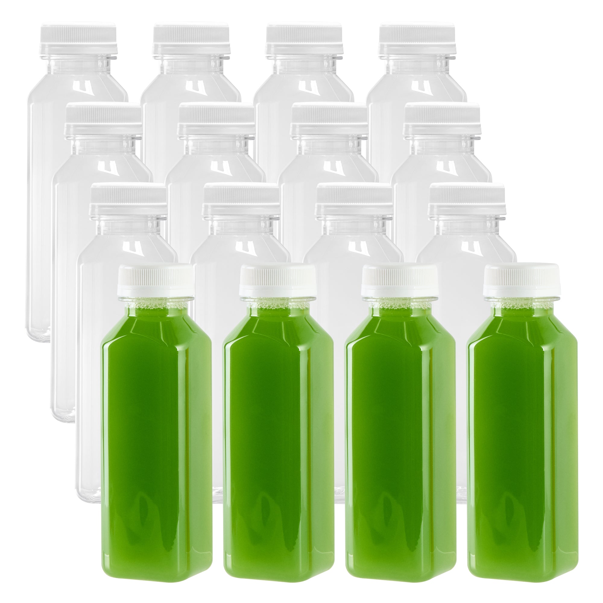 12 oz Square Clear Plastic Cold Pressed Juice Bottles with Safety Cap - 2 x 2 x 6.5 Inches - Pack of 100 - Perfect for Fresh Juices, Smoothies & Meal Prep Storage
