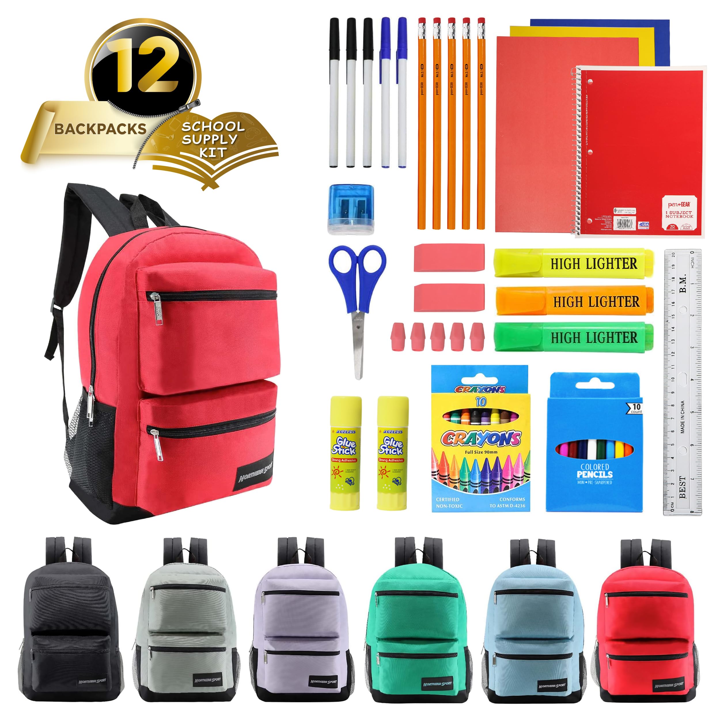 12-Pack 17 Inch School Backpacks with 50-Piece School Supplies Kit - Includes Pens, Pencils & Crayons - Bulk Backpack Bundle for Elementary, Middle & High School Students - 6 Color Styles - Perfect for School, Travel & Daily Use