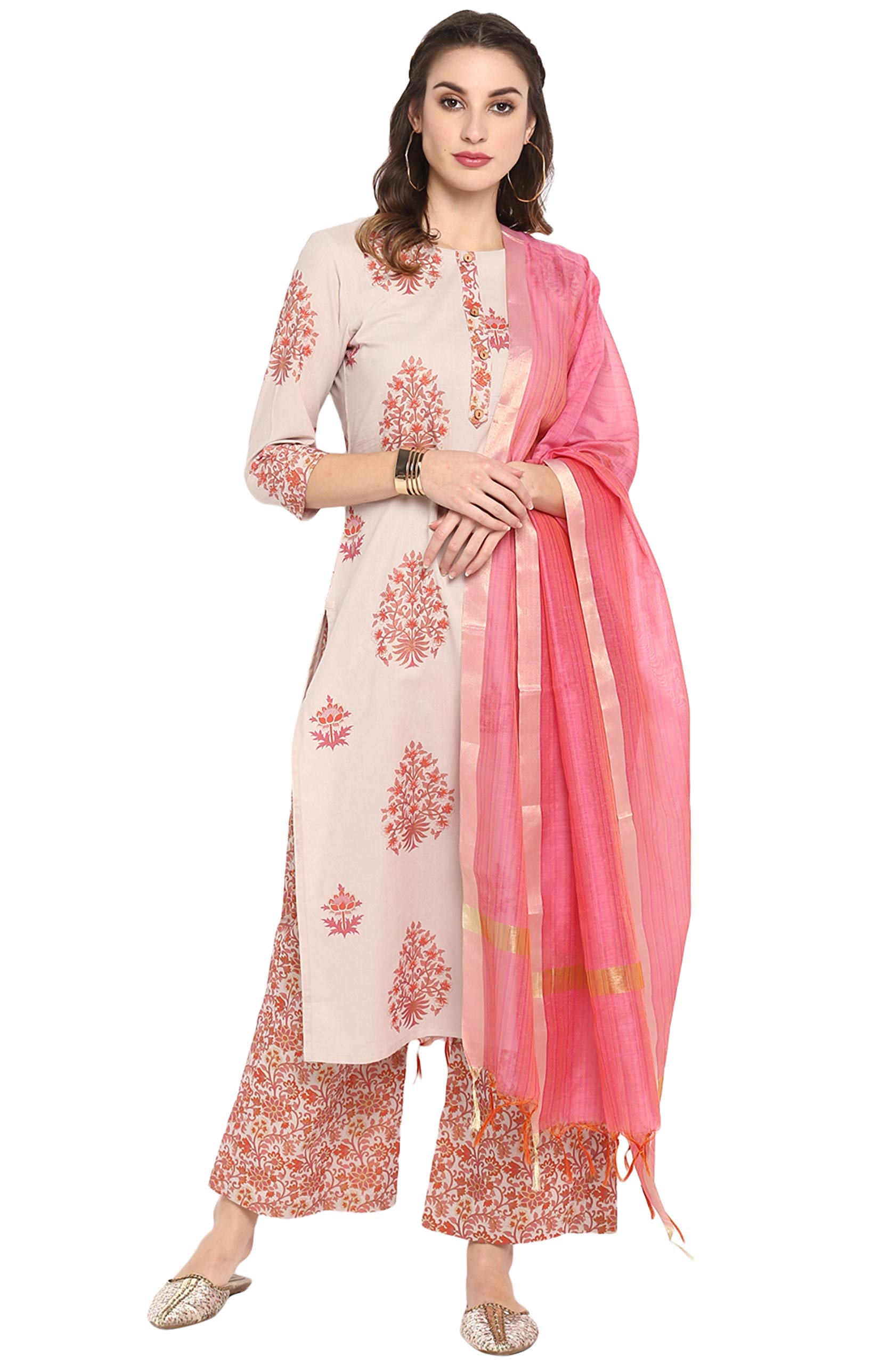 Janasya Women's Indian Pure Cotton Kurta Set with Palazzo & Dupatta - Stylish Multicolor Outfit for Festivals, Parties & Casual Wear