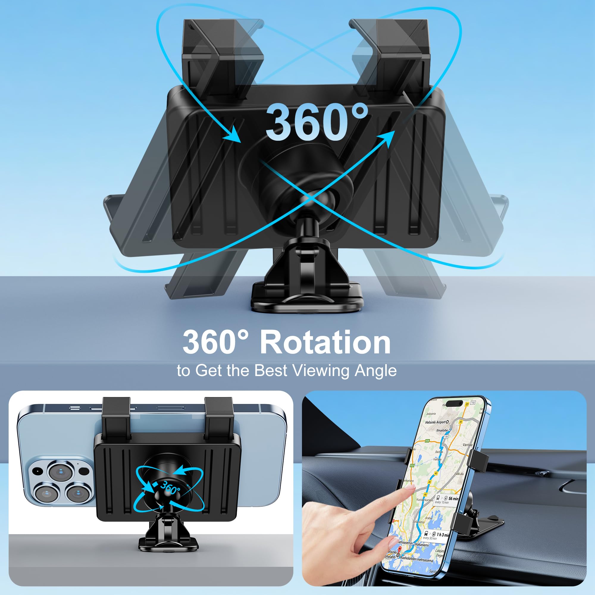 360° Rotating Car Phone Mount with 3M Adhesive - Universal Dashboard Phone Holder for iPhone, Samsung & All Smartphones | Multi-Angle Adjustable, Stable Grip | Perfect for Commuting, Road Trips & GPS Navigation