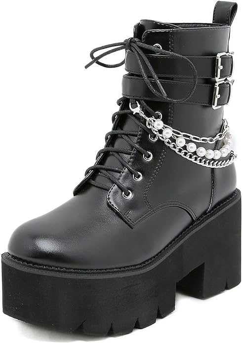 Women's Chunky Heel Combat Ankle Boots - Lace Up & Zipper Platform Booties with Studded Details | Black Motorcycle Fashion Boots for Casual Wear, Night Out & Biker Style