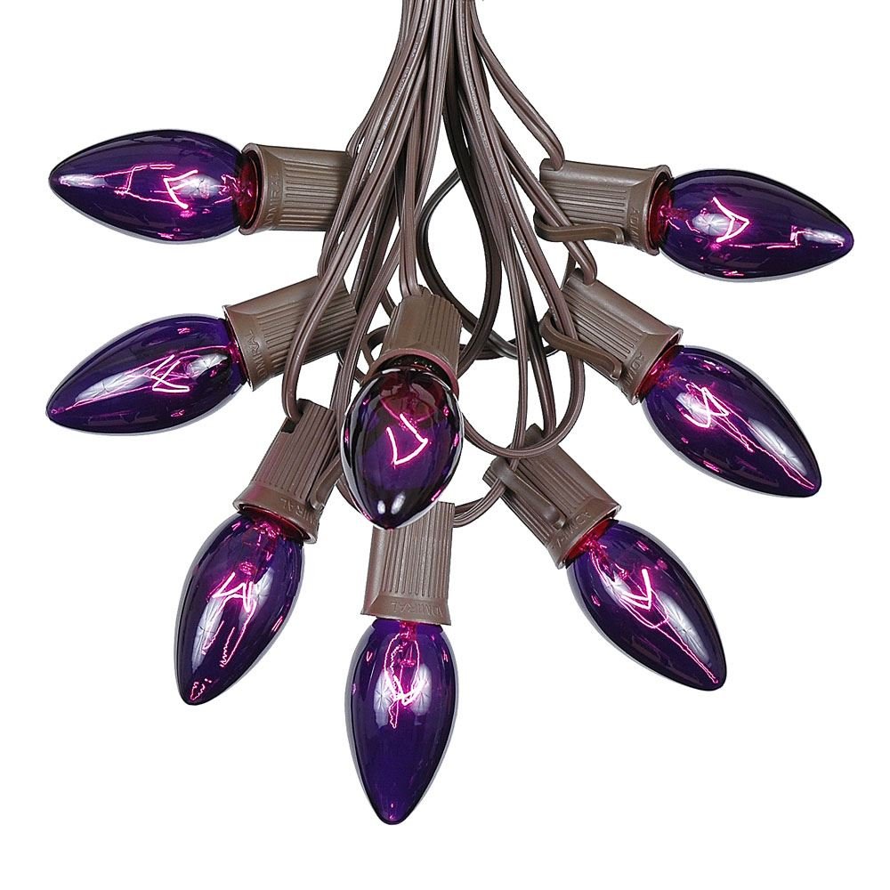 C9 Purple Christmas String Lights - 25ft Outdoor Hanging Roofline & Patio Lights with Brown Wire - Perfect for Holiday Decorations, Garden Parties & Backyard Events