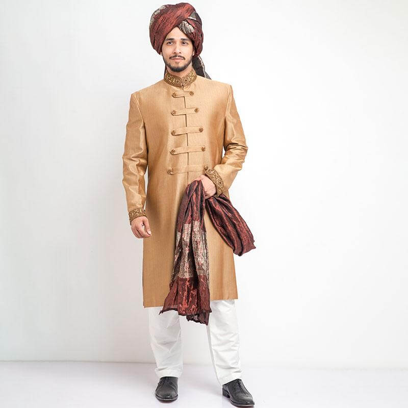 Premium Caramel Sherwani for Men - Traditional Indian Wedding Attire - Perfect for Weddings, Festivals & Special Occasions