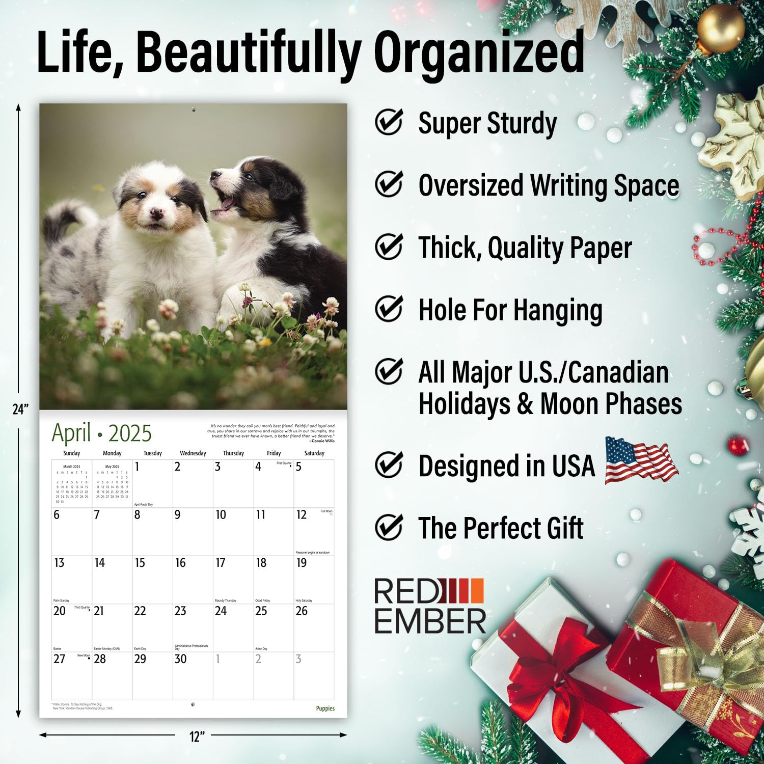 RED EMBER 2025 Puppies Wall Calendar - 12 Month Dog Lover Calendar, 12