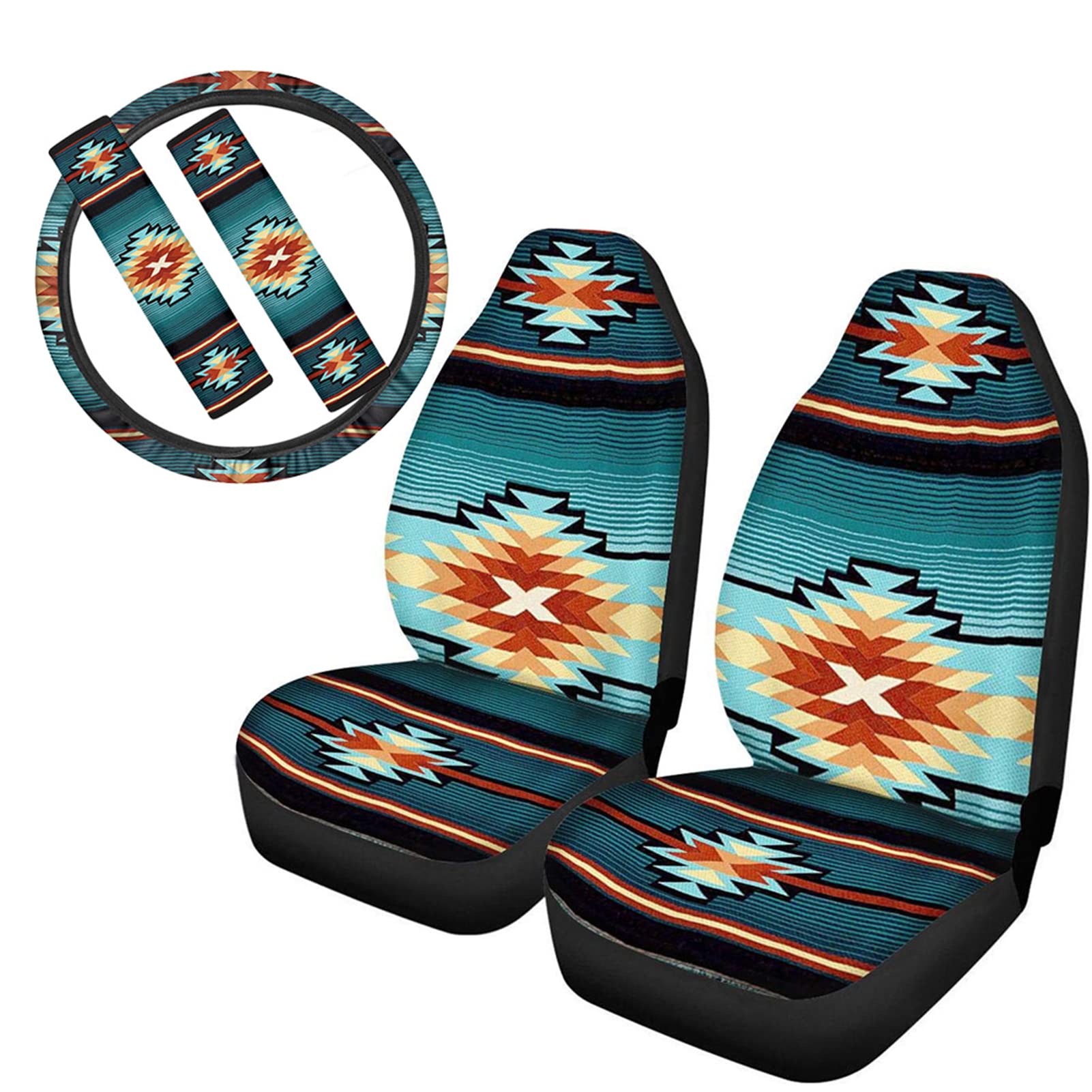 JEOCODY African Tribal Pattern Car Interior Accessories Set - 5 Piece Bundle (2 Seat Covers + Steering Wheel Cover + 2 Seatbelt Pads) Universal Fit for Most Cars - Stylish & Protective Upgrade for SUVs, Sedans & Trucks