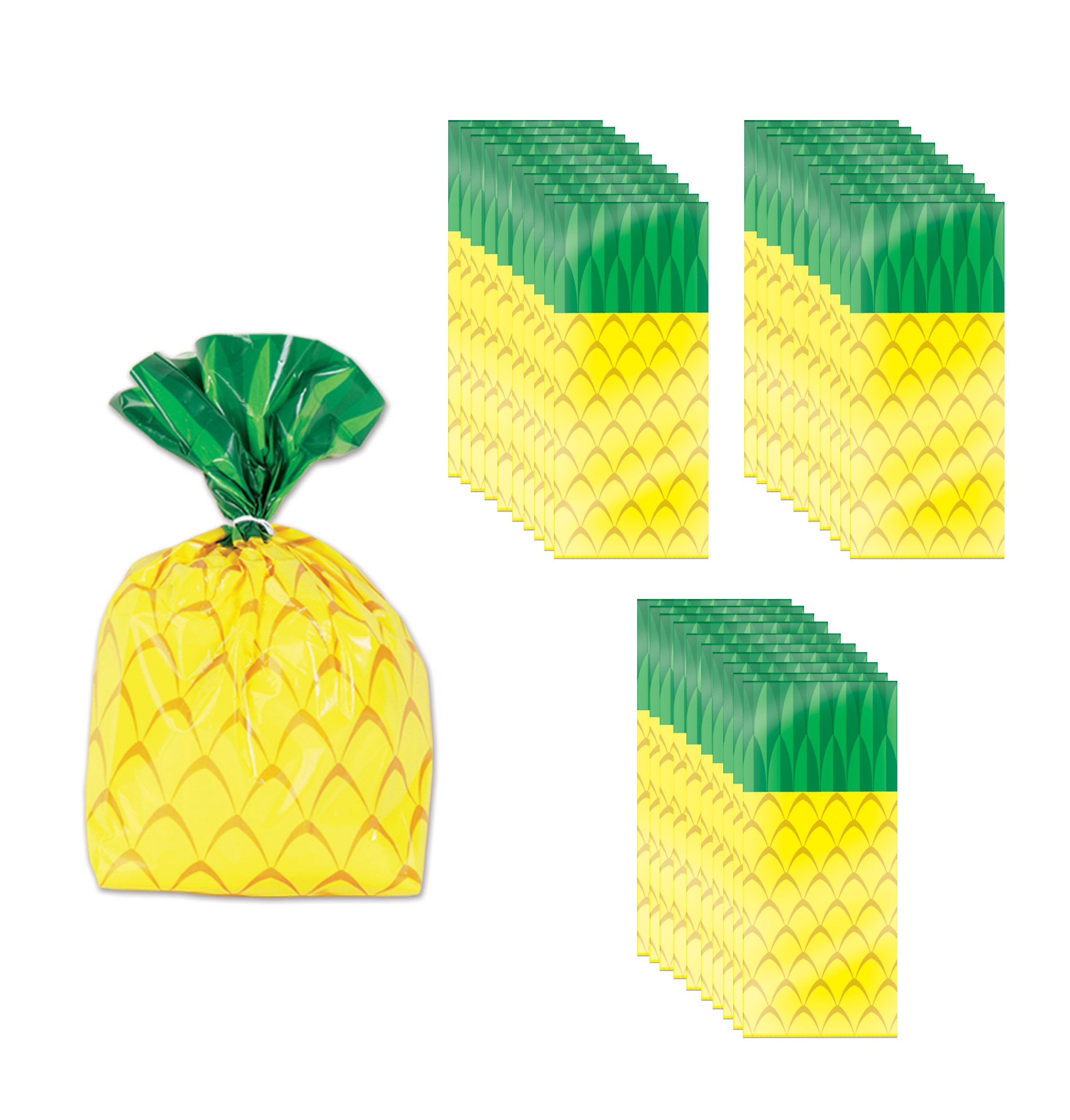 Beistle 75-Piece Tropical Treat Favor Bags for Luau Party - Pineapple Themed Cellophane Candy Bags with Twist Ties (Yellow/Green) - Perfect for Hawaiian Theme Parties, Baby Showers & Summer Events