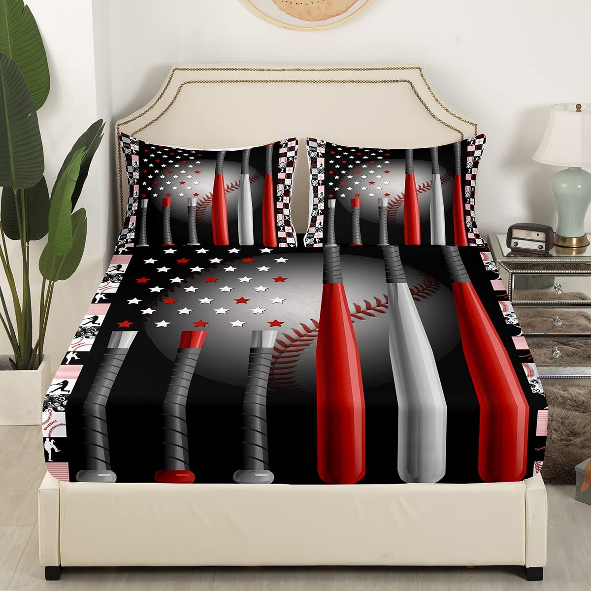 Boys Baseball Fitted Queen Sheet Set - 3PC American Flag Sports Bedding with 2 Pillowcases | Soft Red & Black Softball Themed Bed Cover | Super Soft Game Day Decor for Kids & Teens Bedroom