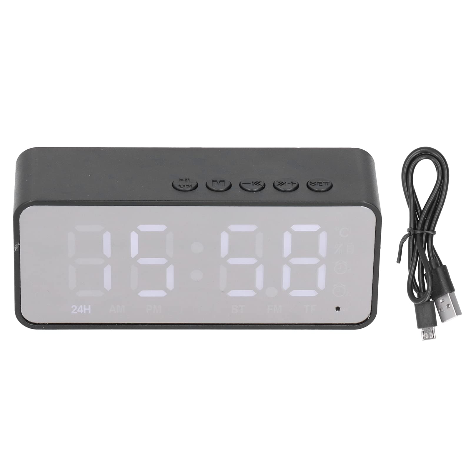 Wireless Bluetooth 5.0 Alarm Clock Radio with LED Mirror Display - FM Radio, Phone Call Support, Bedroom & Office Digital Clock Speaker (Black) | Perfect for Morning Wake-Up, Nightstand Use & Home Office