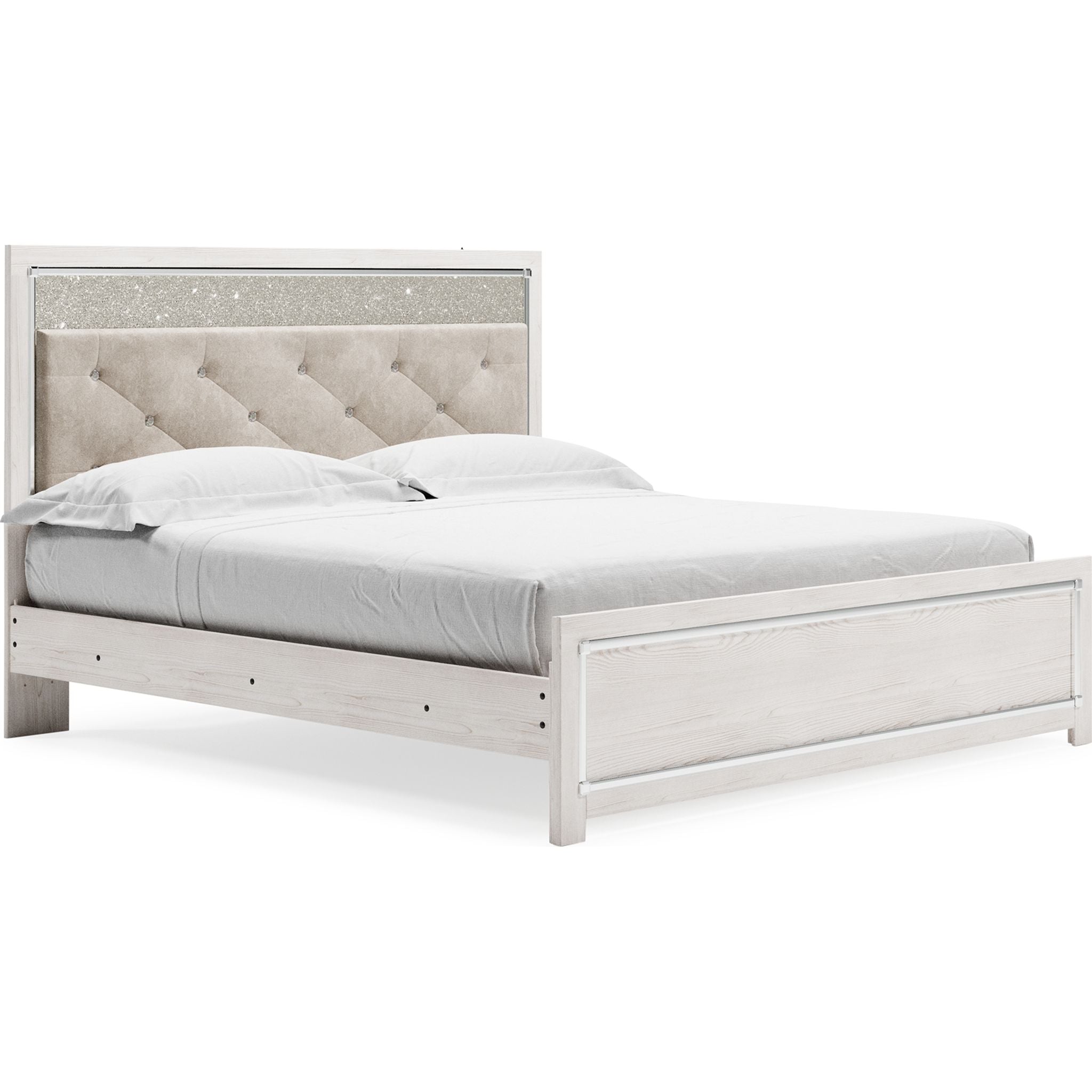 Altyra White Panel Bed Frame - Queen Size, Modern Platform Bed with Upholstered Headboard for Bedroom Decor