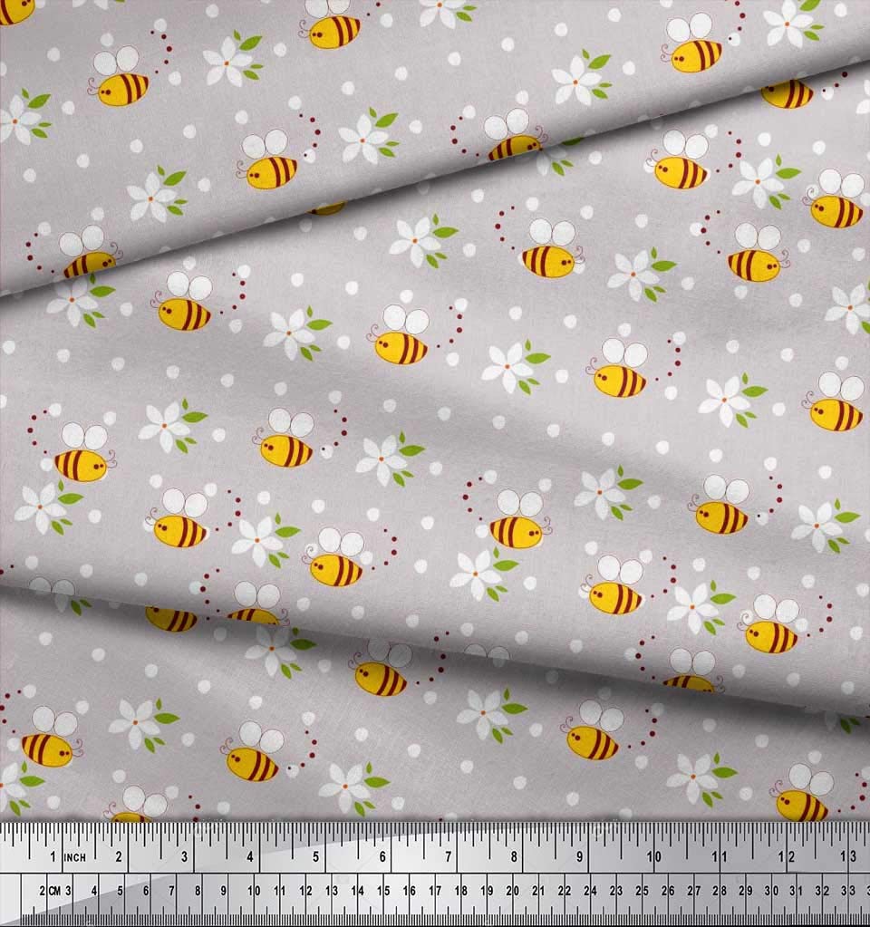 Soimoi Cotton Cambric Gray Fabric - Floral Honey Bee Print - for Sewing & DIY Crafts