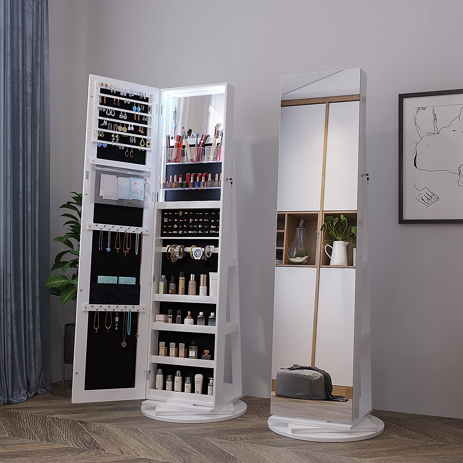 Full Length Mirror Jewelry Armoire with LED Lights - Lockable Standing Jewelry Cabinet with 360° Swivel Mirror, Jewelry Storage Organizer for Women & Girls (Perfect for Bedroom, Dressing Room & Gift Giving)