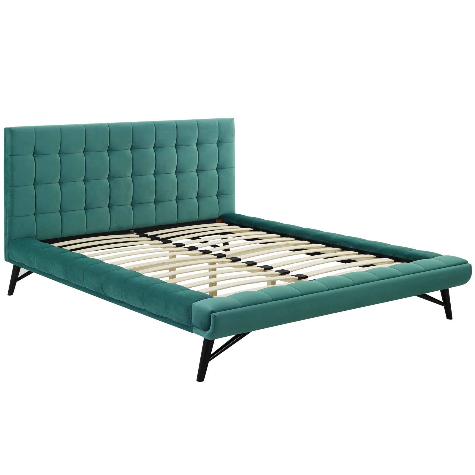 Modway Julia Mid-Century Modern Tufted Velvet Queen Platform Bed - Teal Blue Upholstered Bed Frame for Bedroom, Guest Room & Dorm | Performance Fabric & Sturdy Design