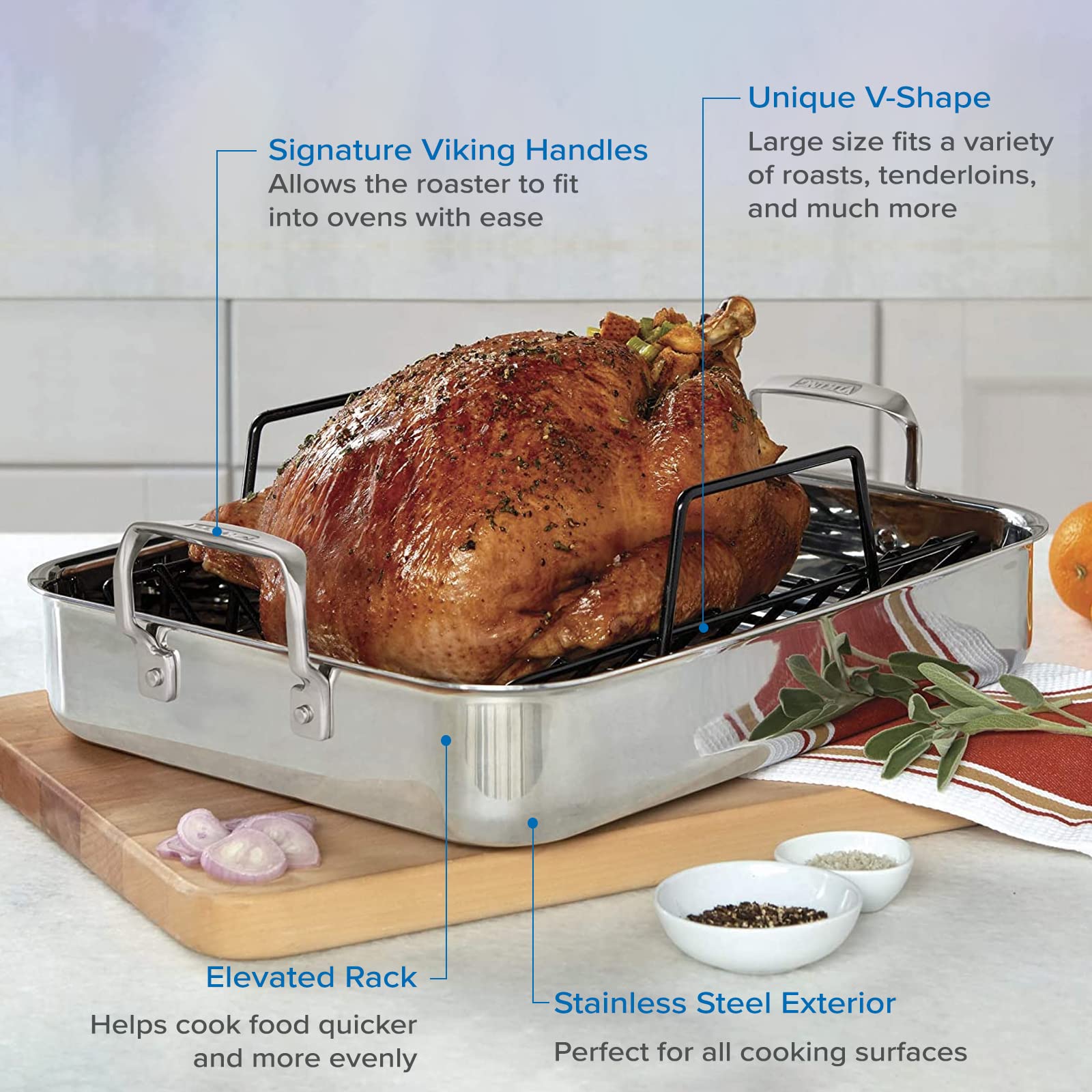 Viking 3-Ply Stainless Steel Roasting Pan with Non-Stick Rack - 16 x 13 Inch Oven Safe Cookware for Turkey, Chicken & Meat - Dishwasher Safe, Induction Compatible - Perfect for Holiday Dinners, Family Gatherings & Meal Prep