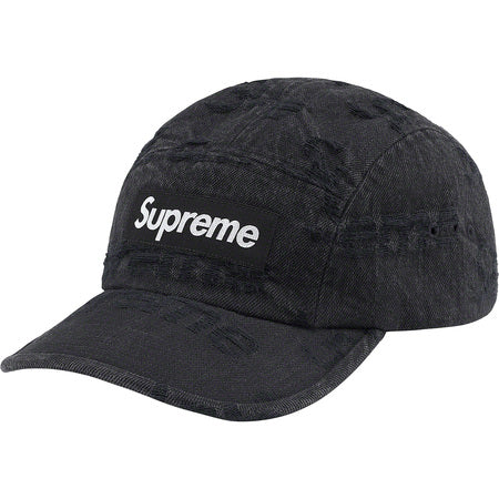 Supreme Frayed Logo Denim Camp Cap - Black | Vintage Style Baseball Hat for Men & Women | Perfect for Streetwear, Casual Outfits & Music Festivals