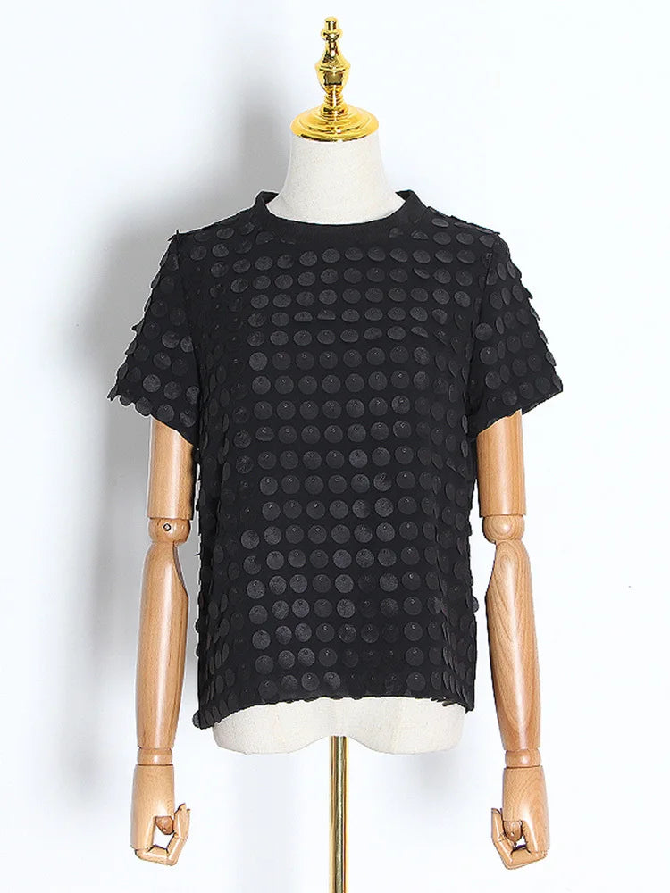 Black Patchwork Sequin T-Shirt for Women - Round Neck Short Sleeve Casual Loose Fit Top | Perfect for Parties, Night Out and Fashion Streetwear