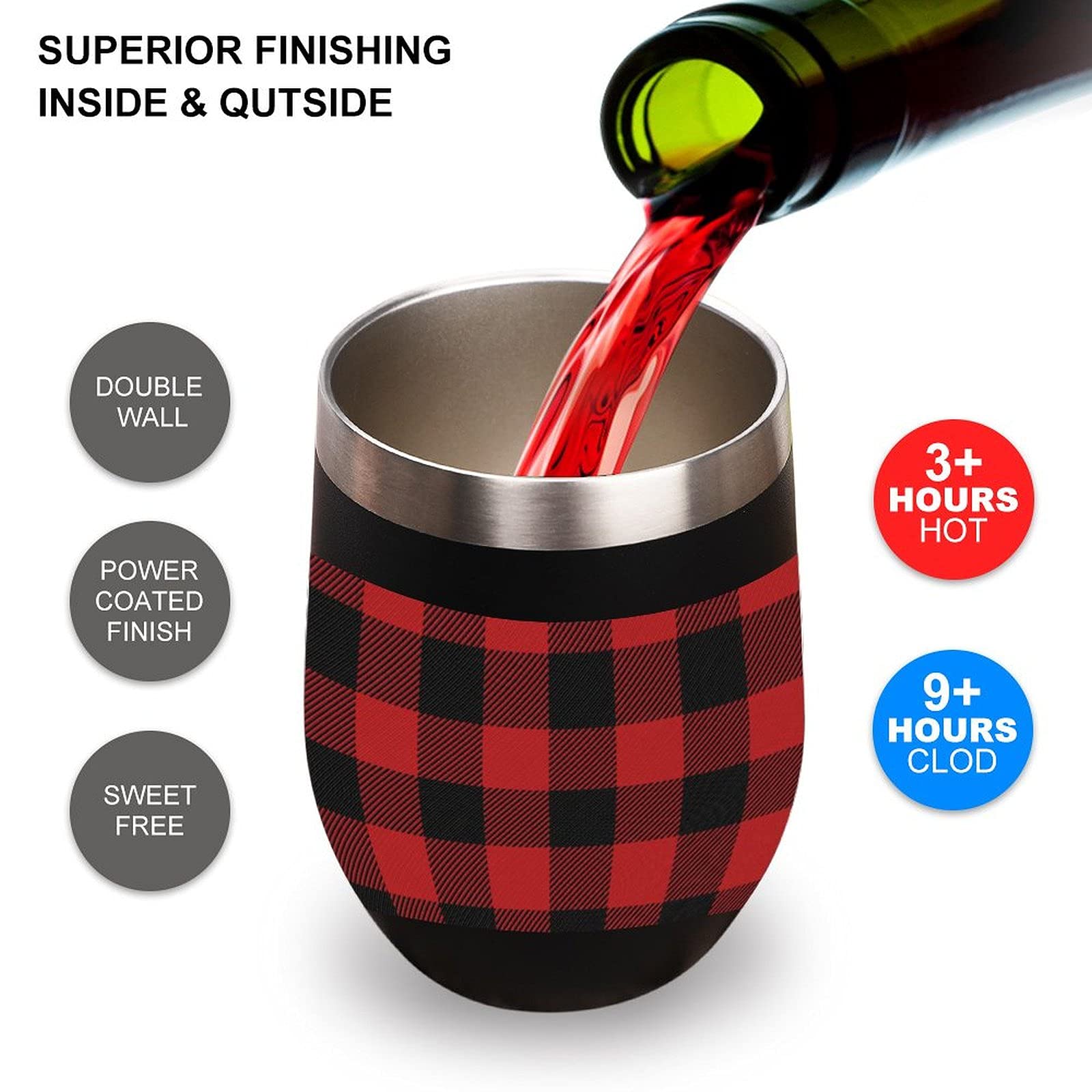 Stainless Steel Vacuum Insulated Wine Tumbler with Lid - Buffalo Scottish Tartan Plaid Checkered Design, Stemless Travel Cup for Coffee, Wine & Cold Drinks - Perfect for Camping, Office & Outdoor Adventures