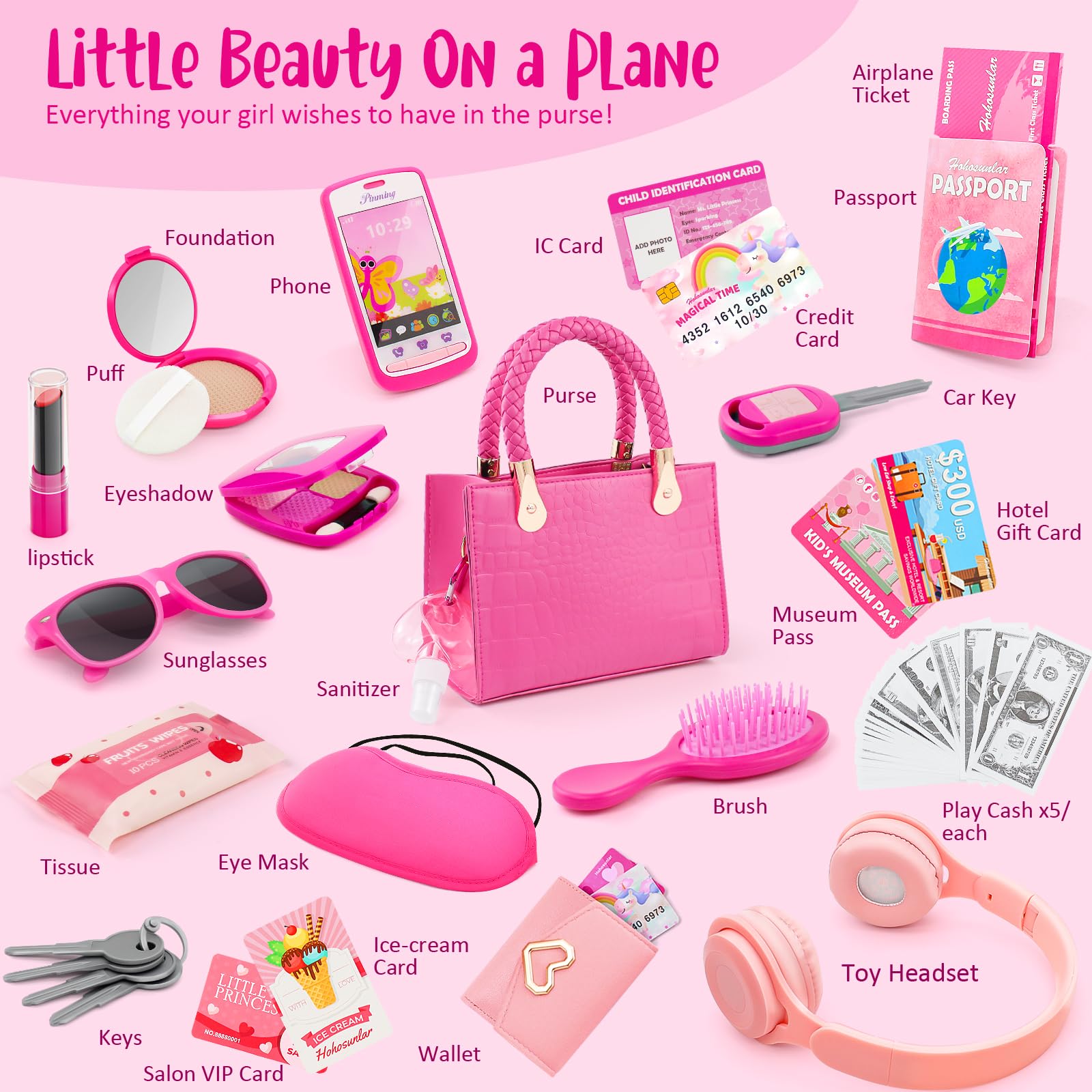 **49PCS Kids Pretend Play Purse Set with Pretend Makeup & Accessories - Princess Toy Wallet, Headset, Phone, Sunglasses, Keys, Credit Cards for Girls Age 3+ | Perfect for Birthday Gifts, Role Play & Dress-Up Fun**