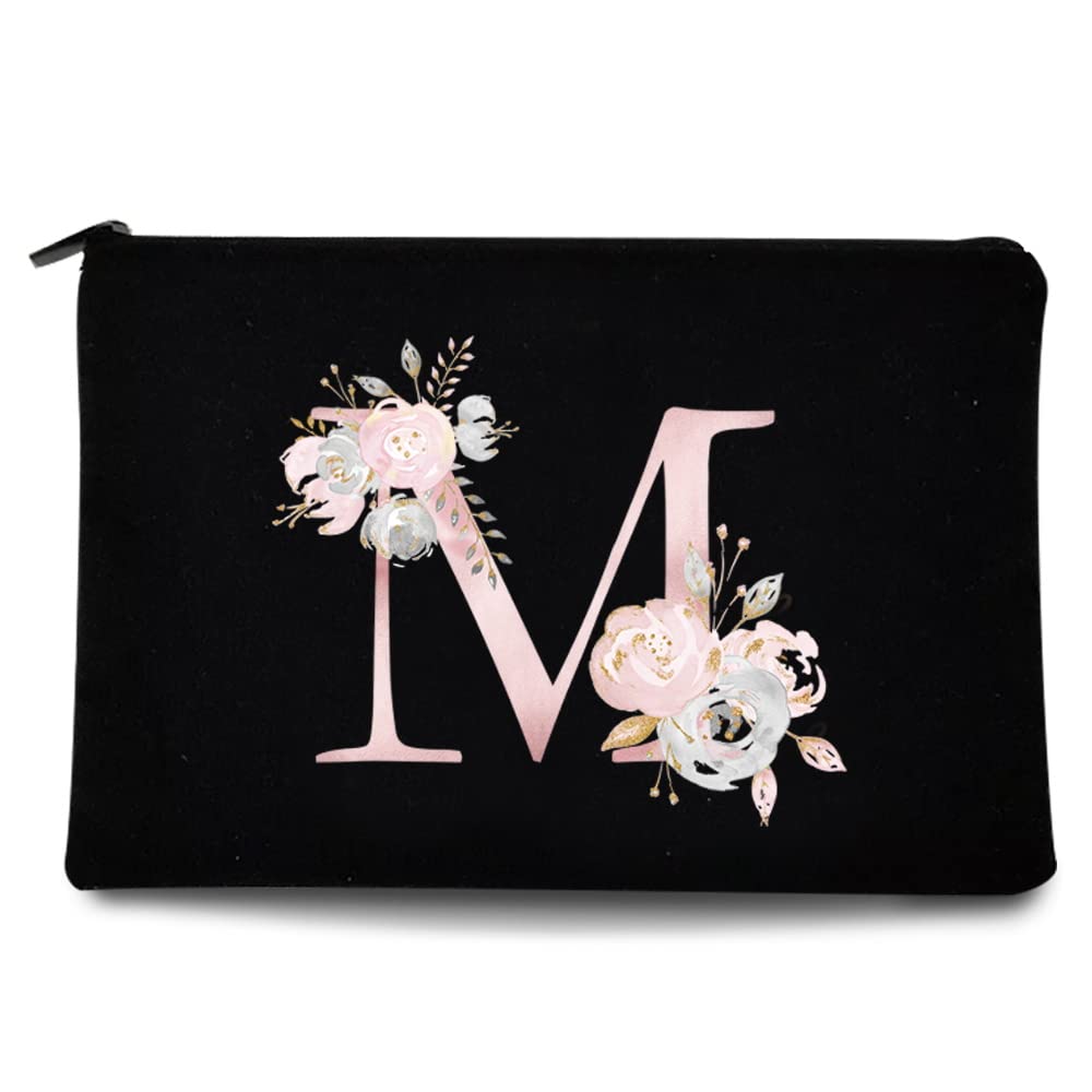 26 Letter Printed Zip Canvas Pouch - Waterproof Makeup Bag, Travel Cosmetic Organizer, Toiletry Case for Women - Perfect for Bridesmaid Gifts, School Pencil Case & Coin Purse (Pink Floral Design) - Ideal for Travel, Daily Use & Gift Giving