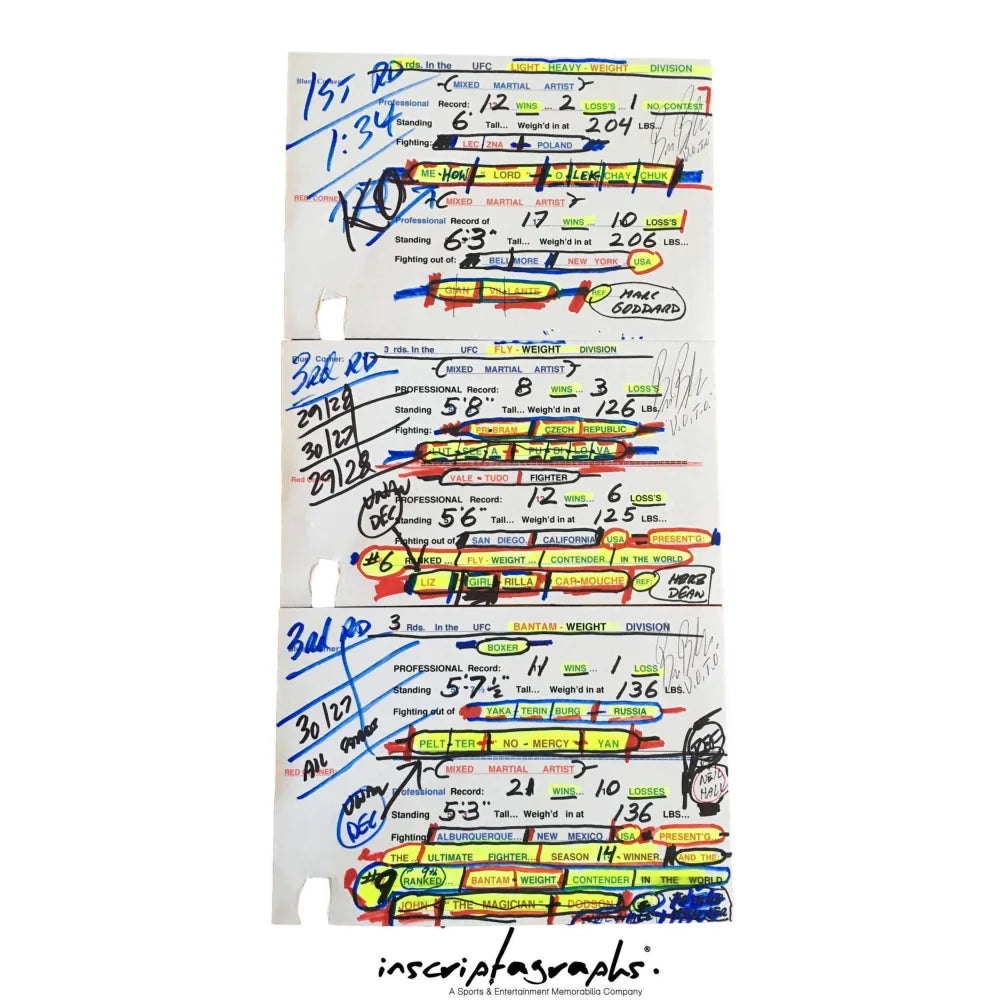 Bruce Buffer's UFC Fight 145 Czech Republic Event Used 12 Fight Intro Cards Collection - Authentic MMA Memorabilia for UFC Fans & Collectors - Perfect for Display, Framing, and Sports Memorabilia Collections