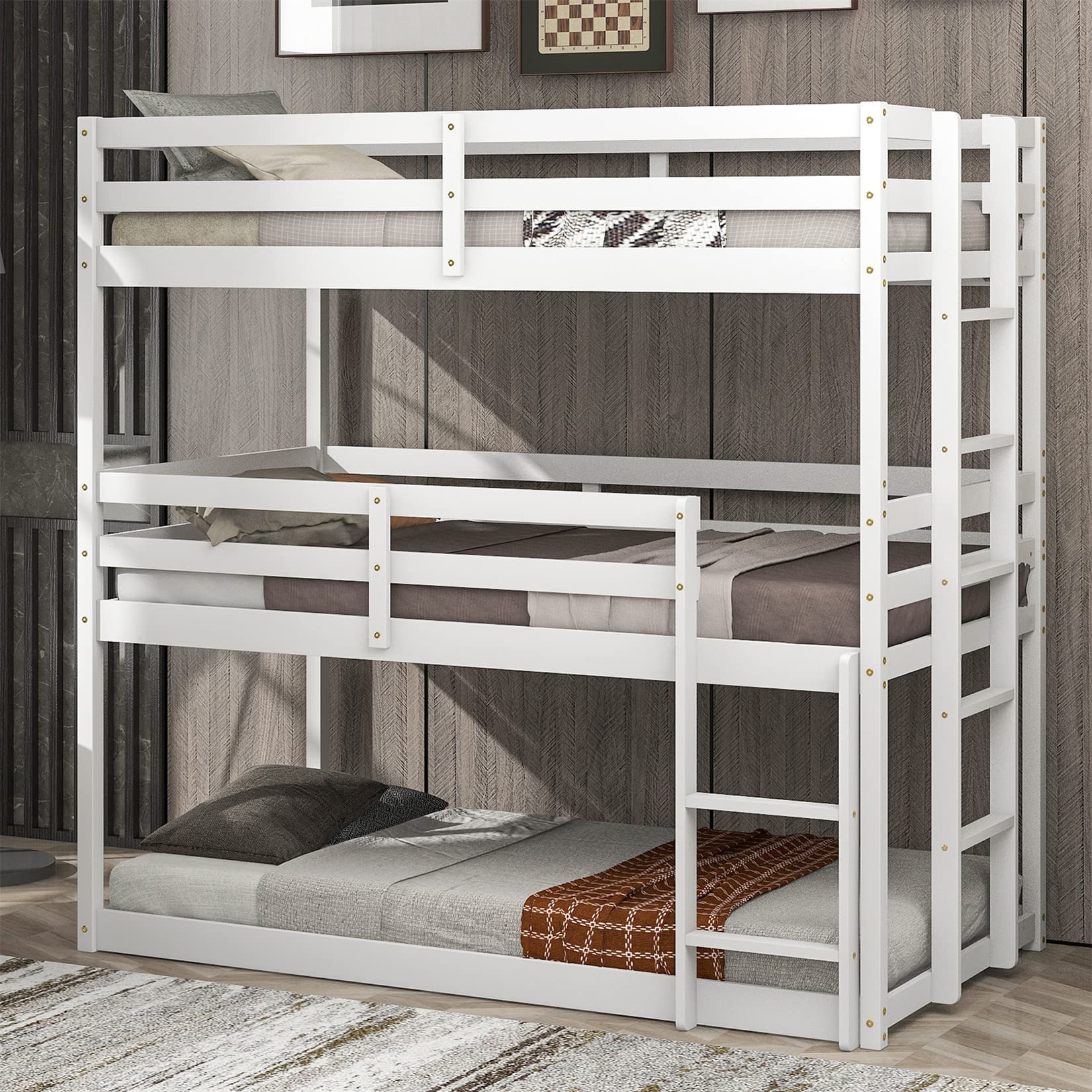 Triple Bunk Bed with Detachable Frame - Convertible Twin Over Twin Wooden Bunk Beds for Kids & Adults | Space-Saving Bedroom Solution for Dorms, Guest Rooms & Small Spaces (White)