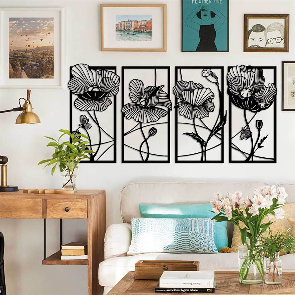 4-Piece Metal Flower Wall Art Set - Boho Modern Floral Decor for Living Room & Kitchen - Hanging Metal Wall Decor (47.2