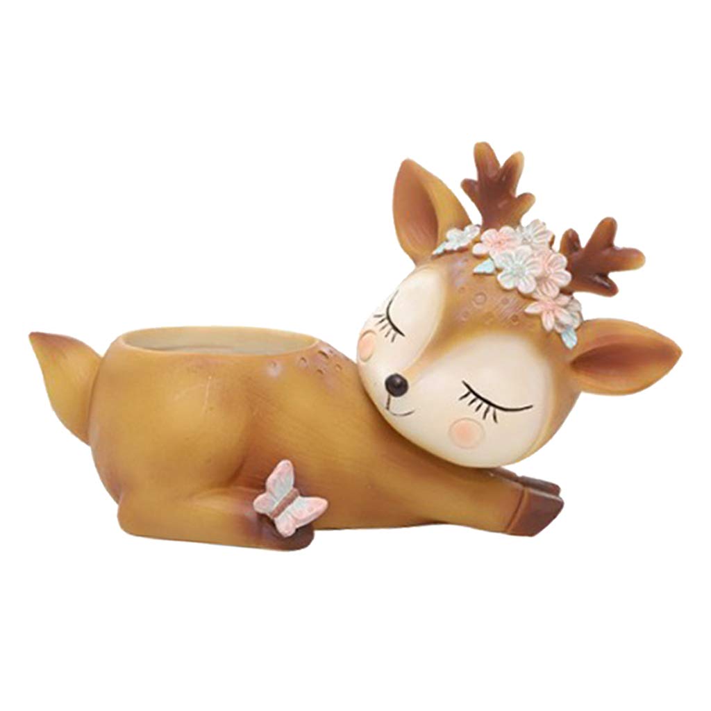 Adorable Deer Resin Succulent Planter with Drainage Hole - Cactus Flower Pot for Home Office Desk Decor | Perfect for Indoor Plants, Tabletop Decor & Gift Ideas - Sleeping Fawn Design