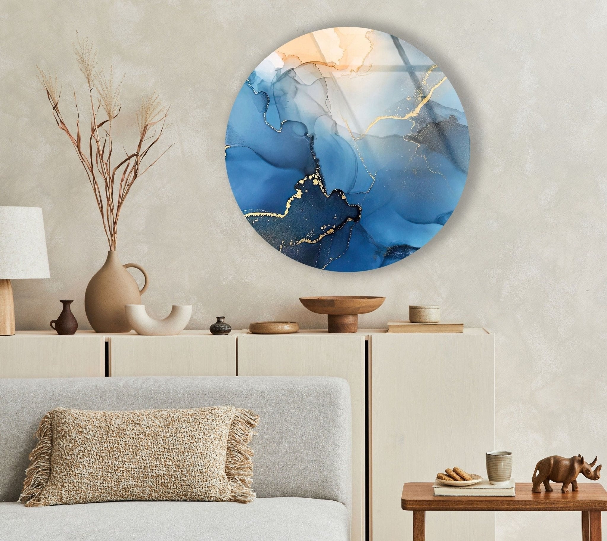Abstract Round Blue Alcohol Ink Glass Wall Art - Handmade Modern Home Decor for Living Room, Bedroom & Office - Unique Gift Idea for Housewarming & Holidays