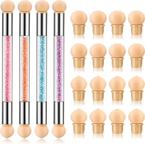 4-Piece Double Head Sponge Nail Brush Set with Rhinestone Handle & 16 Replacement Heads - Dotting, Gradient, Acrylic Nail Art Tools for Professional Manicure & Nail Design - Perfect for Salon, Home DIY & Nail Art Enthusiasts