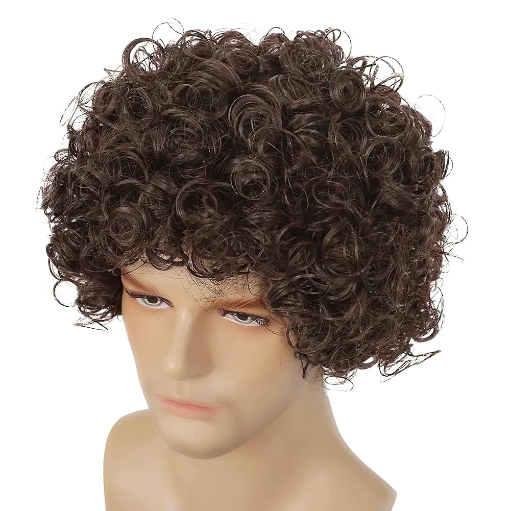 Men's Short Brown Curly Afro Wig - Fluffy Rocker Synthetic Hairpiece for Cosplay & Costume (Dark Brown) - Perfect for Halloween, Parties & Themed Events