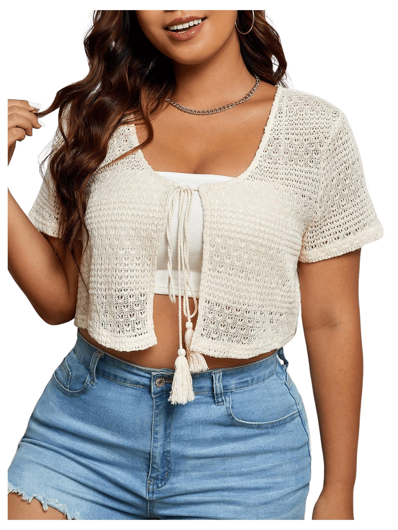 Plus Size Women's Lightweight Knit Crop Cardigan with Tassel Tie Front - Short Sleeve Sheer Cover-Up for Spring/Summer Layering, Beach Outfits & Casual Wear