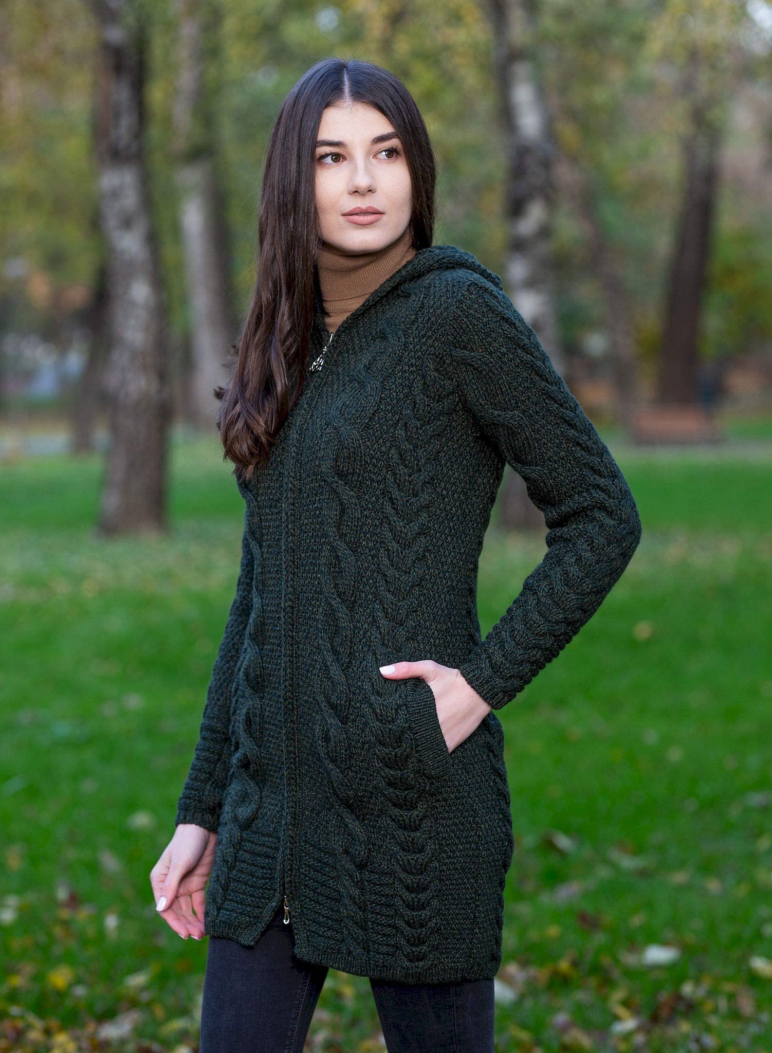 SAOL 100% Merino Wool Aran Cable Knit Hooded Zip Cardigan Irish Coat - Warm Winter Sweater for Women, Cozy Oversized Pullover for Outdoor Hiking & Casual Wear