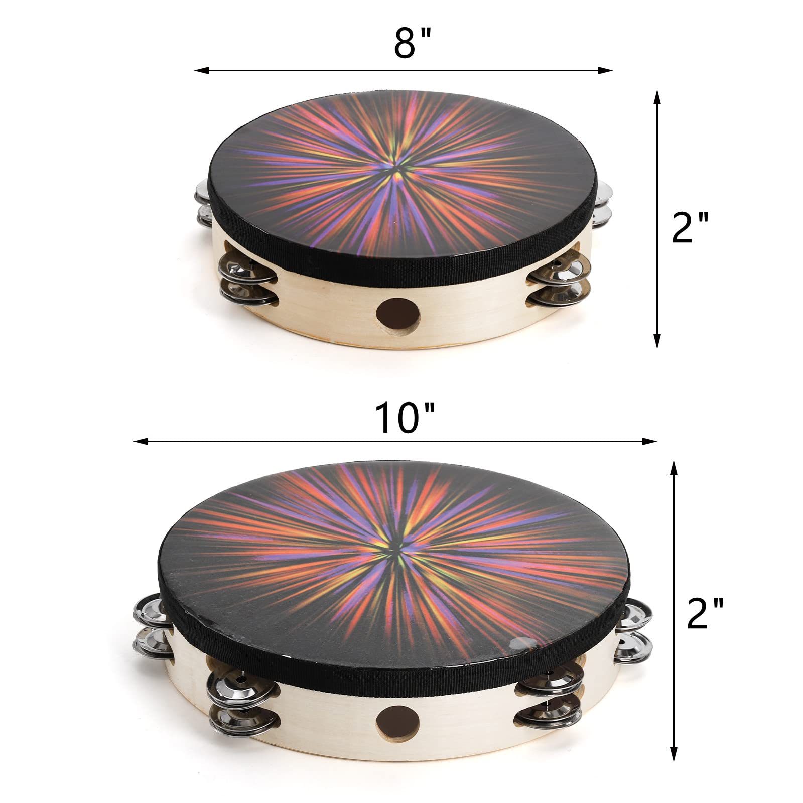 ZEAYEA 2 Pack Handheld Tambourine Set - 8 Inch & 10 Inch Double Row Jingle Percussion Instrument for Kids, Adults, Church & Music Education - Perfect for Games, Parties, Worship & Classroom Activities