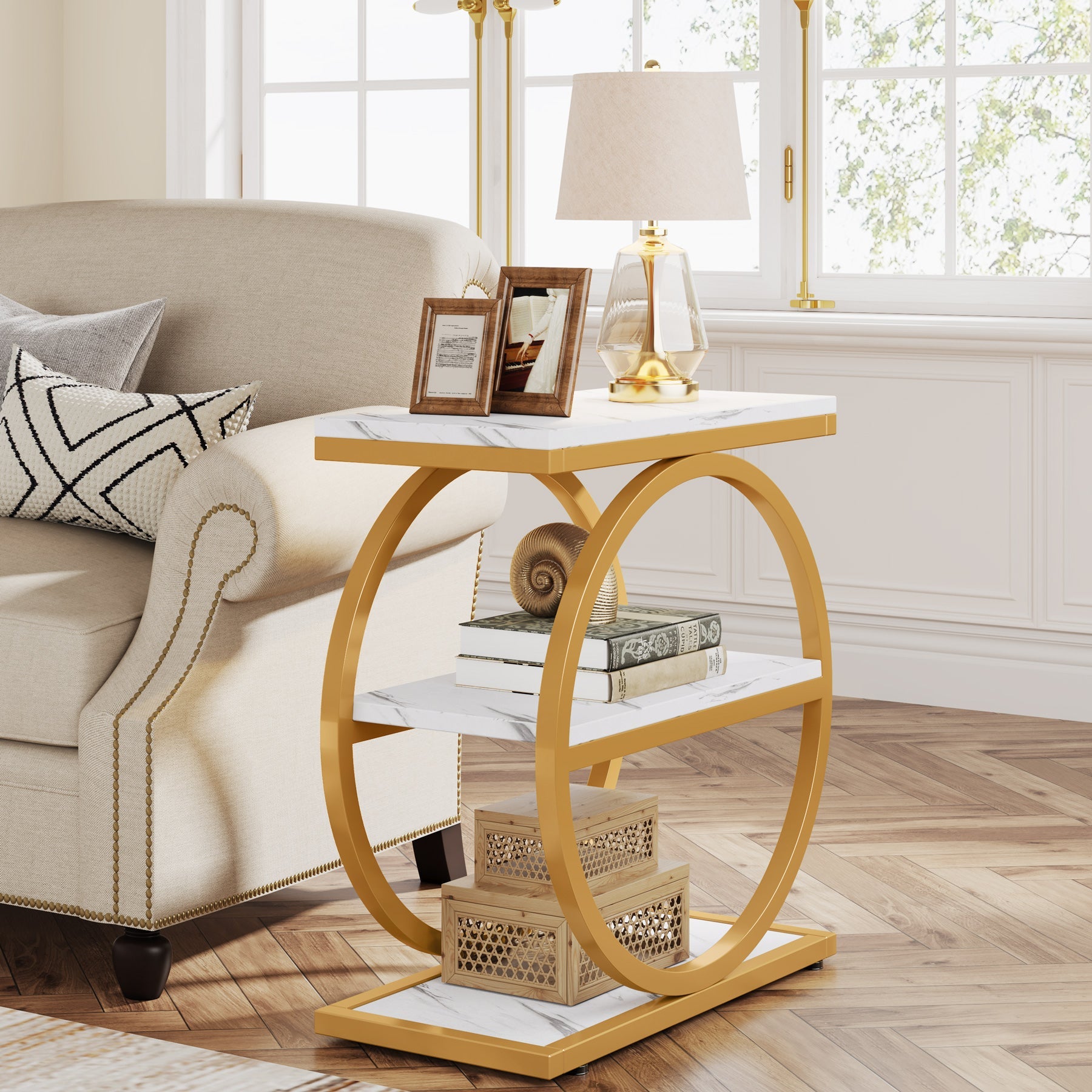 3 Tier End Table with Round Metal Frame - Industrial Style Sofa Side Table for Living Room, Bedroom & Office - Sturdy & Space-Saving Home Decor