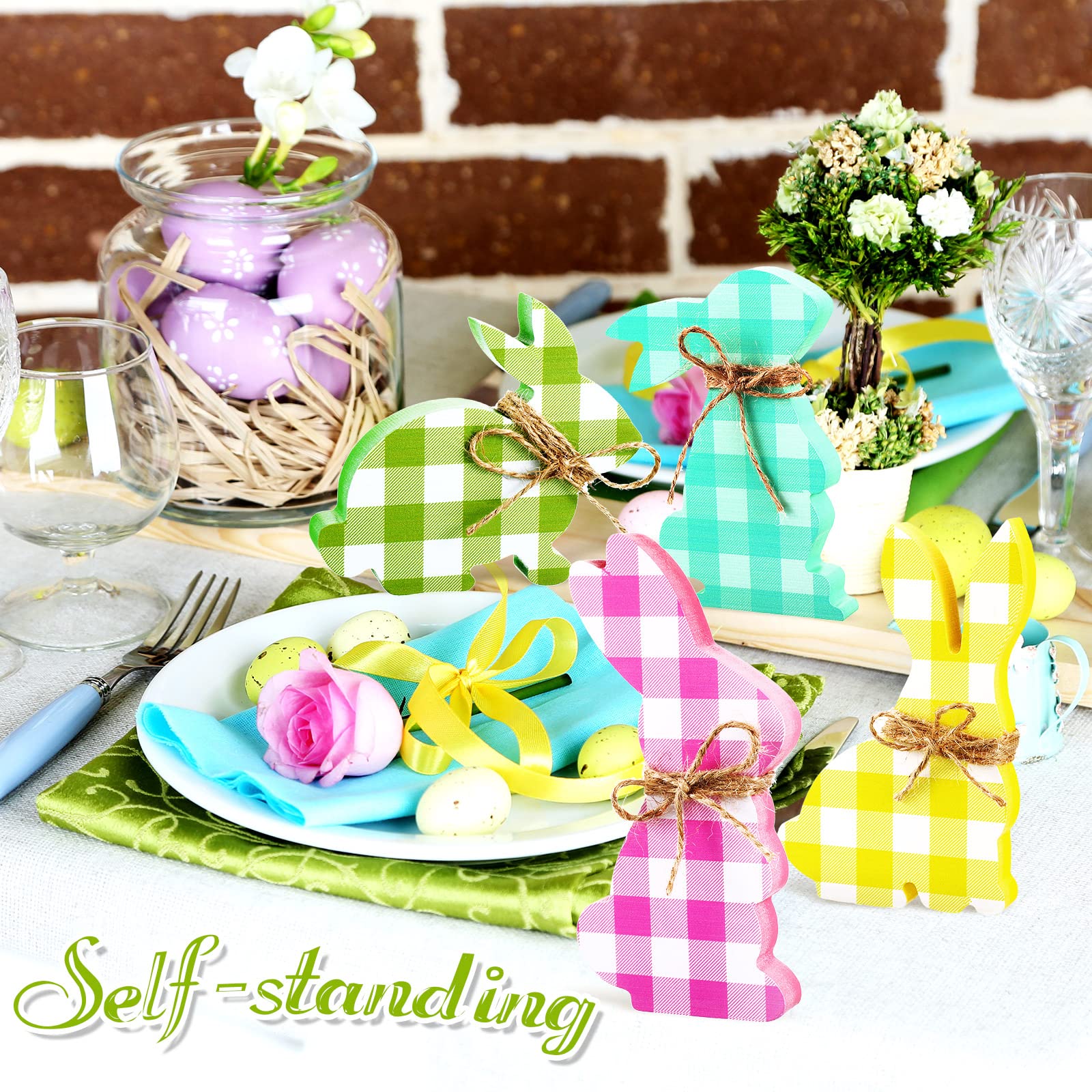 4 Pcs Easter Bunny Wooden Table Signs - Bunny Shaped Farmhouse Decor for Spring, Easter Bunny Dining Room Table Decor with Rope (Plaid) - Perfect for Easter Celebrations, Home Decor, and Seasonal Party Decorations