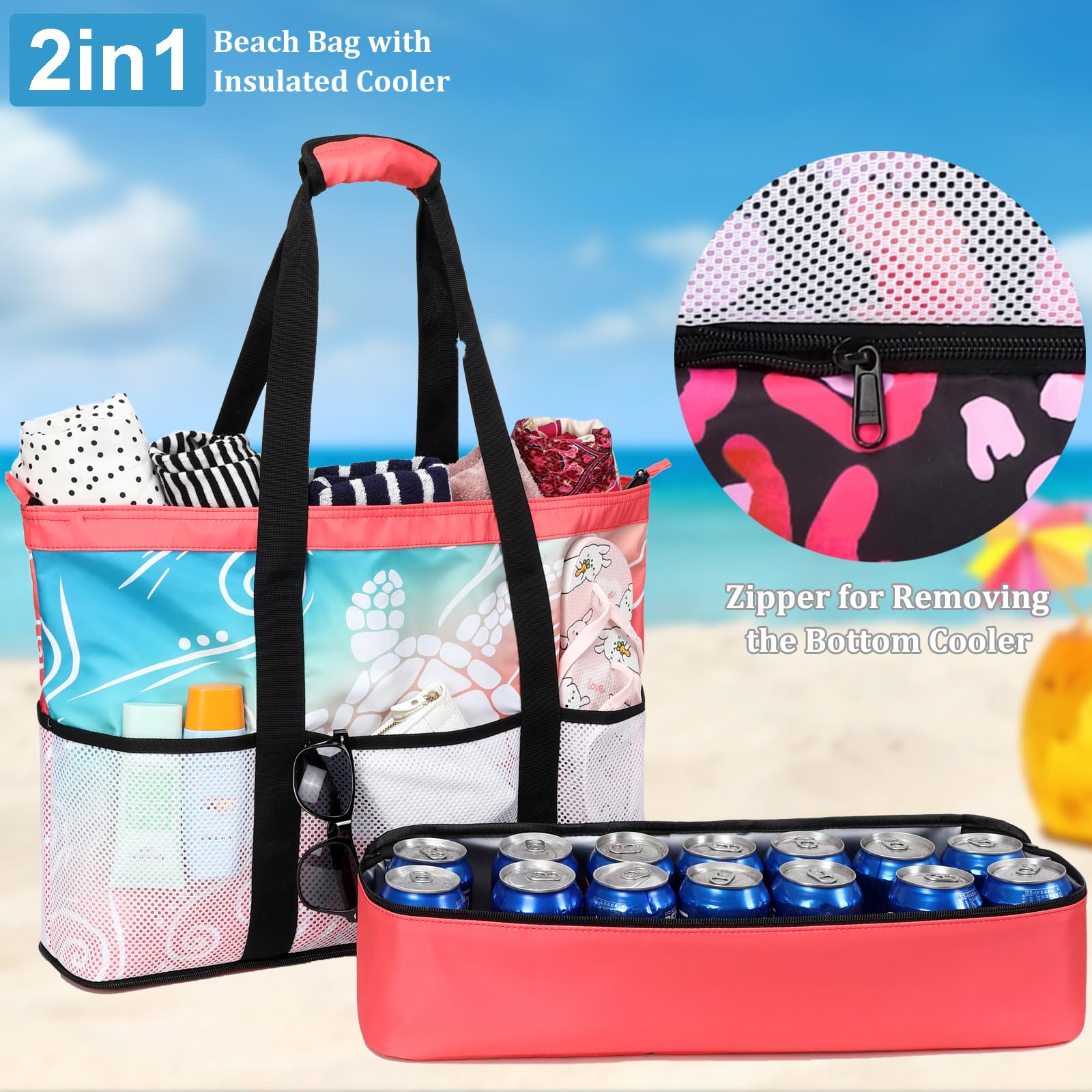 Waterproof Beach Tote Bag for Women with Cooler - Sandproof Pool Travel Tote
