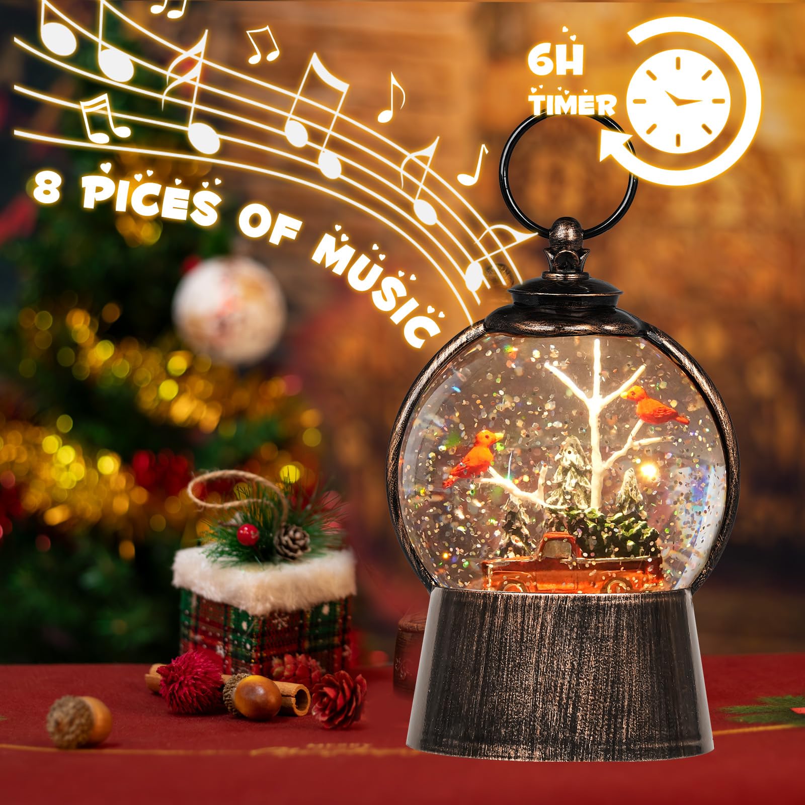 Christmas Snow Globe Lantern with Timer - Battery/USB Powered Musical Holiday Decor with Cardinals & Tree Truck - Perfect for Indoor Xmas Decorations, Gift Giving & Festive Home Ambiance