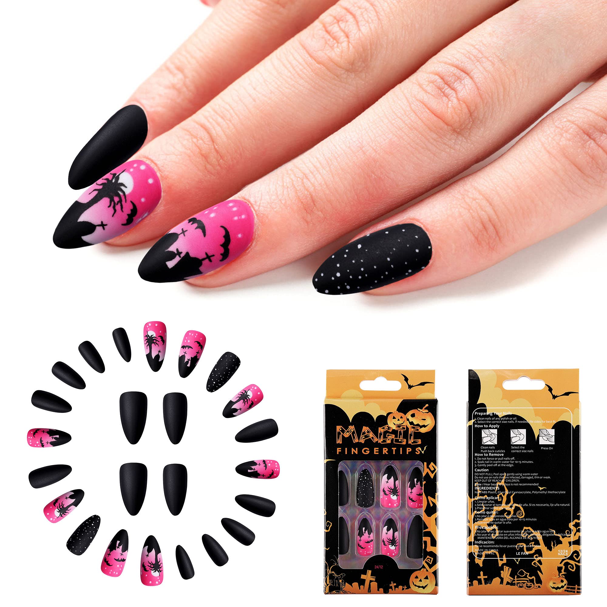 24pcs Halloween Coffin Fake Nails - Medium Length Full Cover Artificial Nails with Spooky Spider Design & 2g Glue for Nail Salon, DIY Nail Art - Perfect for Women's Halloween Party & Gothic Nail Decoration
