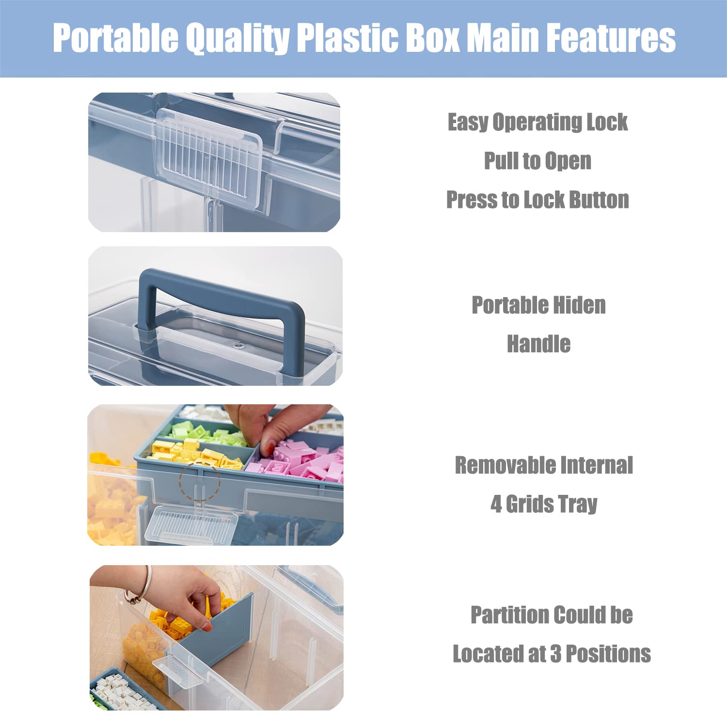 Clear Plastic Storage Organizer Box with Removable Tray & Partition - Large Arts & Crafts Supplies Container for Office, Home & School - Desktop Stationery & Medicine Organizer (Clear & Ocean Blue) | Perfect for Craft Rooms, Office Desks & Home Organization