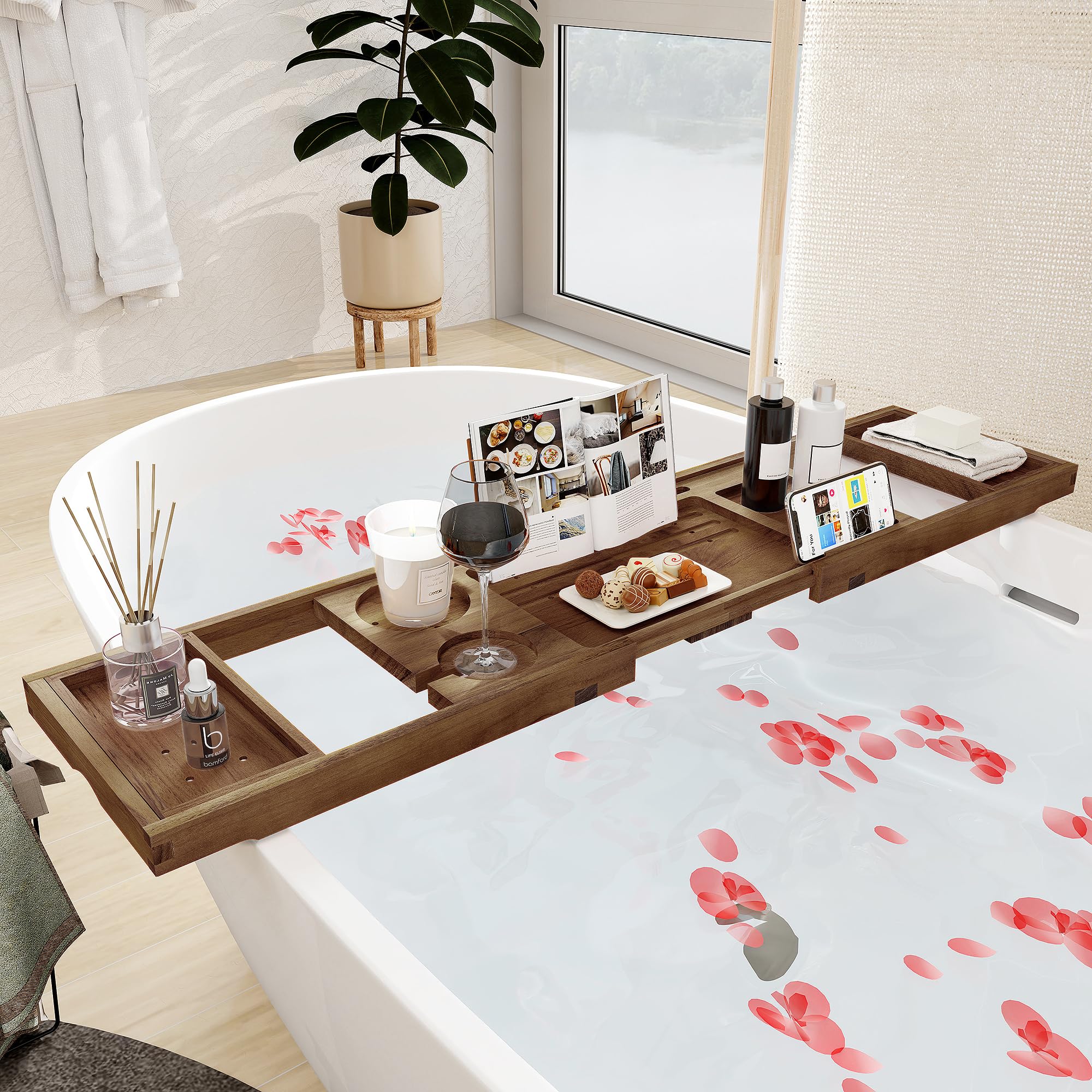 Luxury Teak Bathtub Tray with Expandable Handles, Wine Glass Holder & Phone Stand - Natural Wood Bath Accessories for Spa Relaxation, Reading & Self-Care - Perfect for Bubble Baths, Candles & Wine Nights