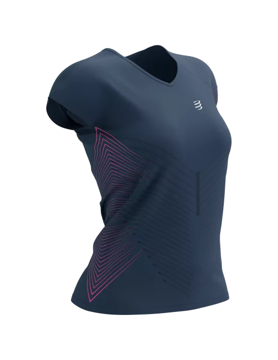 Compressport Women's Performance Short Sleeve Running Shirt - Moisture Wicking, Breathable Activewear Top in Mood Indigo/Magenta for Gym, Yoga & Outdoor Sports