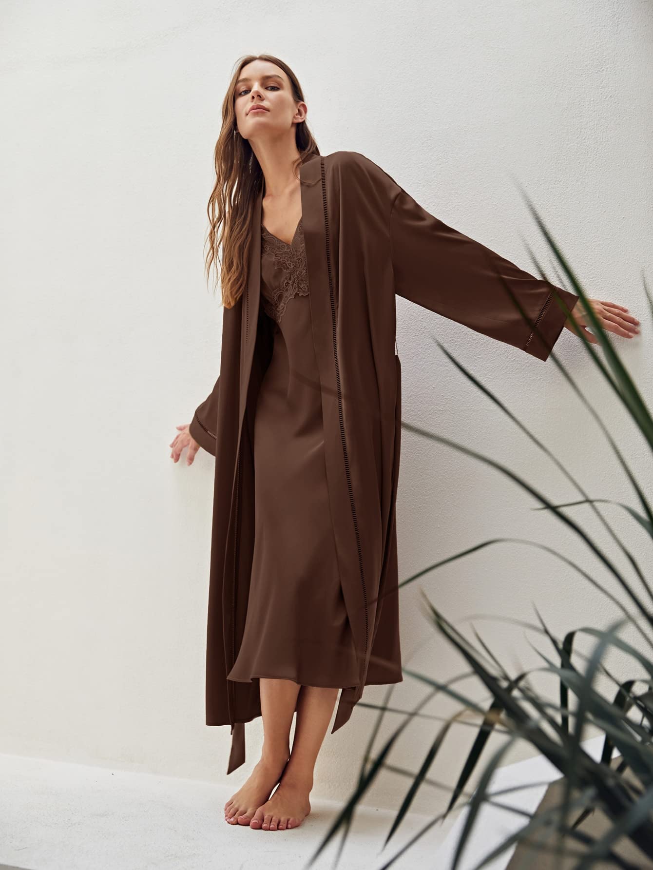 Haoyuce Women's Satin Sleep Robe - Soft Drop Shoulder Belted Nightgown, Sexy V-Neck Loungewear (Chocolate Brown, Medium) | Perfect for Relaxing at Home, Spa Days & Romantic Evenings